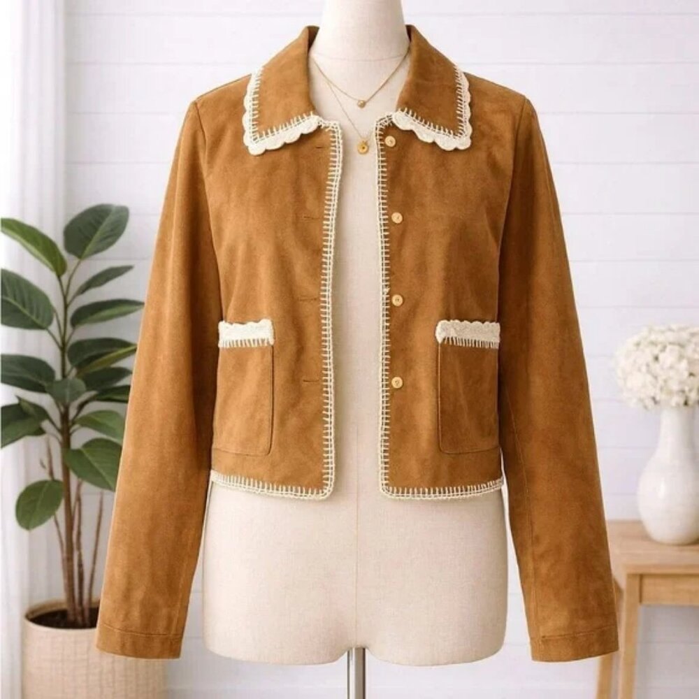 NEW! VEGAN SUEDE CROCHET TRIM JACKET BAGATELLE